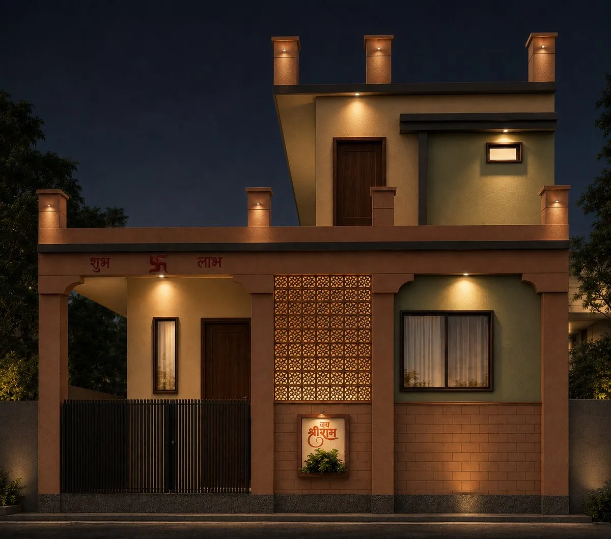 Bungalow elevation, Jodhpur — after dark